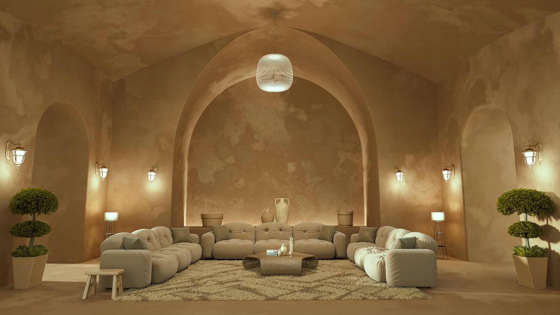 Elegant hotel living room with green sofa and modern decor